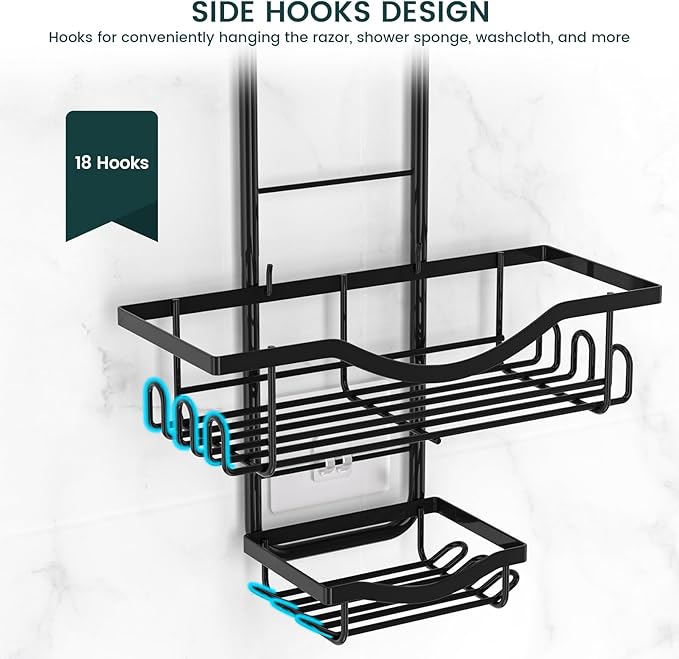 Shower Caddy Hanging Adjustable Shower Caddy, Rustproof Shower Organizer Extended Length Shower Caddies Over Shower Head with Hooks Soap Holder, Large Capacity Anti-Swing Bathroom Storage, Black