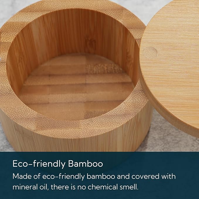 KITCHENDAO Bamboo Salt Cellar Bowl Box，Elegant Kitchen Container Holder with Swivel Magnetic Lid to Store Pepper Spice Bath or Favorite Seasonings, 6oz