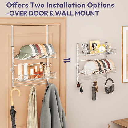 SWTYMIKI Over Door Hat Organizer - 3 Tier Wall Mounted Hat Rack with 2 Adjustable Metal Basket and 3 Hooks, Hanging Baseball Cap Organizer Storage Holds up to 29 Caps for Door, Bedroom, Closet