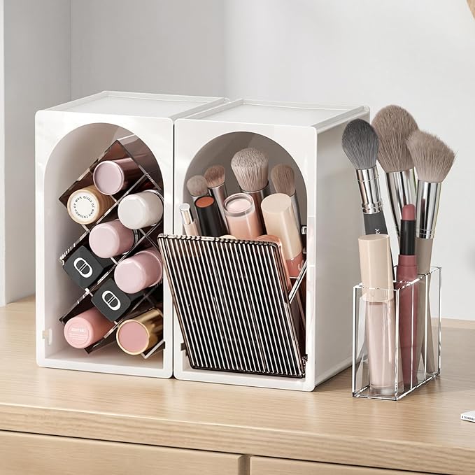 INVSSENE Stackable Makeup Organizer Countertop, Storage Perfume Skincare Cosmetic Lipstick Face Mask Makeup Brush Palettes, Ideal for Vanity Bathroom Counter