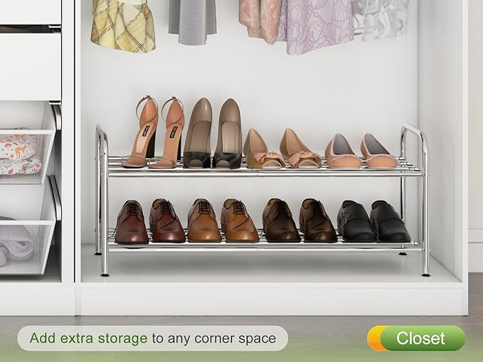 2-Tier Expandable Shoe Rack - 100% Stainless Steel,4-Rod Extendable & Adjustable Feet | Simple Stretchable Space-Saving Shelf for Small Space Closet Entryway (15" to 27", Silver)