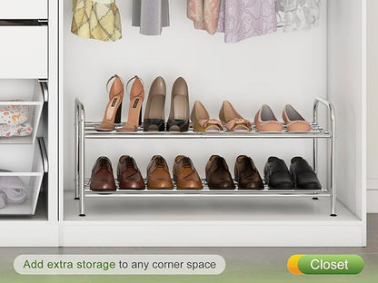 2-Tier Expandable Shoe Rack - 100% Stainless Steel,4-Rod Extendable & Adjustable Feet | Simple Stretchable Space-Saving Shelf for Small Space Closet Entryway (15" to 27", Silver)