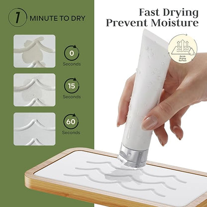 Water Absorbing Stone Tray for Sink, Kitchen Sink Caddy Organizer, Diatomite Bathroom Vanity Counter Tray, Soap Dispenser Sponge Holder, Fast Drying Stone Faucet Mat with Bamboo Tray