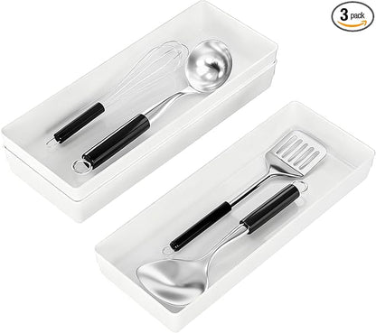 3 Pack White Large Size Plastic Drawer Organizer Tray Cutlery Utensil Makeups Drawer Organizers 15" X 6"