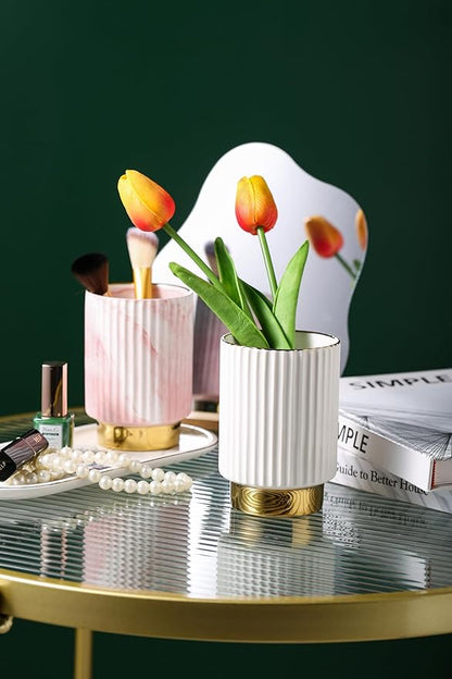 IEEK Makeup Brush holder Organizer,Glass Cosmetic Makeup Brush Cup Ceramics Brushes Storage Holder,White and Gold Modern Make Up Brush Cup Pen Pencil Holder Striped Vase