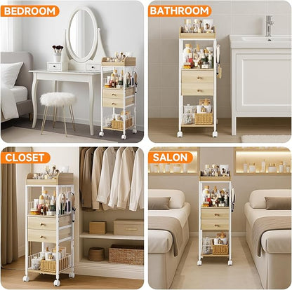 Makeup Organizer Cart, Rolling Floor Skincare Organizer and Storage with 2 Wooden Drawers, Cosmetics Display Cases Holder for Skin Care Perfume Hair Tools Nail Polish