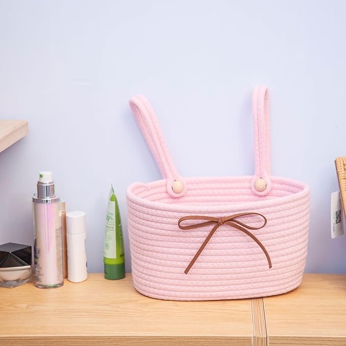 Cotton Rope Hanging Storage Baskets,Wall Basket with Handle, Shelf Organizer Bin for Closet, Functional Storage for Keys,Toys,and Small Items,Pink,Set of 2