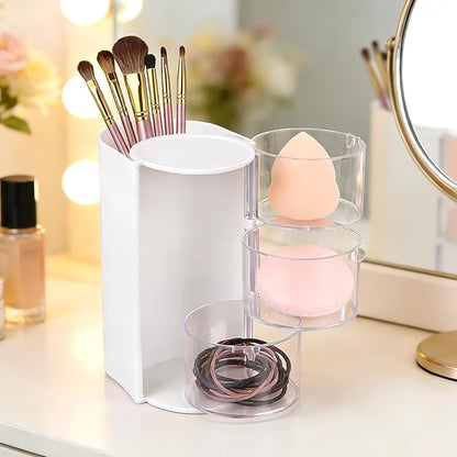 3-Tier Rotating Hair Accessories Organizer, 360° Spinning Storage Stand for Makeup Brushes and Jewelry, Compact Vanity Display Case for Girls, Holds Hair Clips, Earrings, Rings, Bracelets(White)