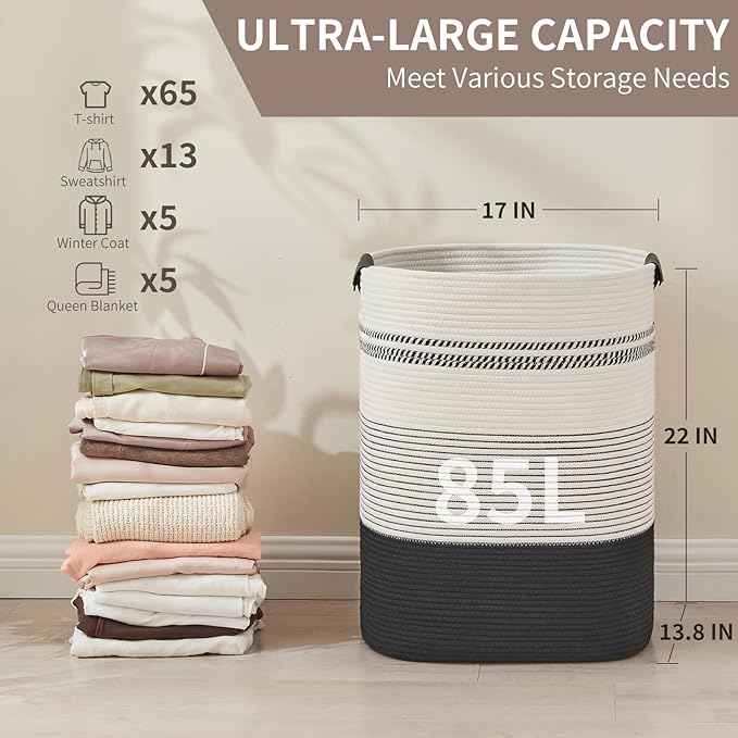 AINUOQI Laundry Basket with Handles - Blanket Basket & Hampers for Bedroom Aesthetic, Laundry Hamper & Blanket Storage for Living Room, Clothes Hamper, Tall, Large 17" x 14" x 22”, Black & White