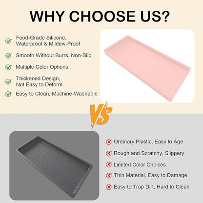 Bathroom Vanity Tray, Silicone 11.8 x 5 Inch Bathroom Counter Tray Decor, Extra-Large Bathroom Trays Holders and Organizers for Toilet Top, Dresser, Waterproof Decorative Tray, Pink