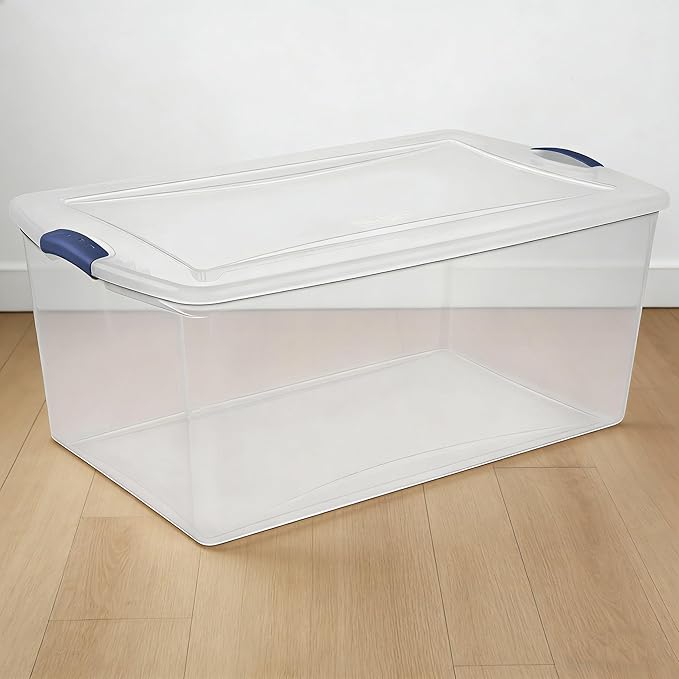Extra Large Latching Storage Bin with Clear Lid, 105 Quart Clear Plastic Storage Container, Secure Blue Latches for Home, Garage, and Toy Organization