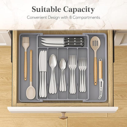 Lifewit Silverware Drawer Organizer, Expandable Utensil Tray for Kitchen, BPA Free Flatware and Cutlery Holder, Adjustable Plastic Storage for Spoons Forks Knives, 10.9"-17.5" x 13.7", Gray
