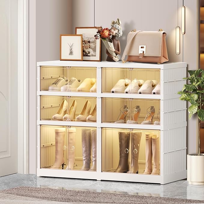 CIMLORD 3-Tier Foldable Shoe Rack Organizer for Closet 12Pairs Plastic Shoe Shelf Collapsible Shoes Storage Box Clear Shoe Boxes Stackable with Door Easy Assembly Shoe Cabinet with Lids Large