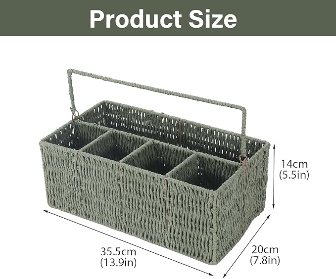 Utensil Holder, Hand Woven Silverware Caddy, 5 Compartments Flatware Organizers, Paper Plate Dispenser with Handle, Kitchen Countertop Organizer for Spoons Forks Plates Napkins, Green