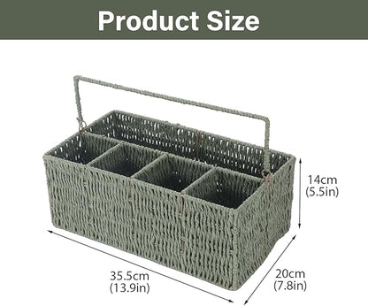 Utensil Holder, Hand Woven Silverware Caddy, 5 Compartments Flatware Organizers, Paper Plate Dispenser with Handle, Kitchen Countertop Organizer for Spoons Forks Plates Napkins, Green