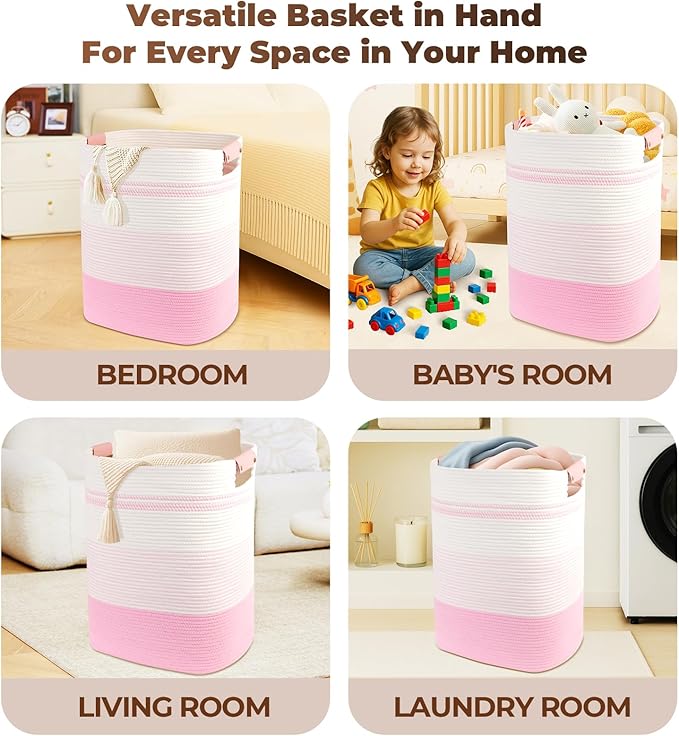 AINUOQI Laundry Basket with Handles - Blanket Basket & Hampers for Bedroom Aesthetic, Laundry Hamper & Blanket Storage for Living Room, Clothes Hamper, Tall, Large 17" x 14" x 22”, Pink & White