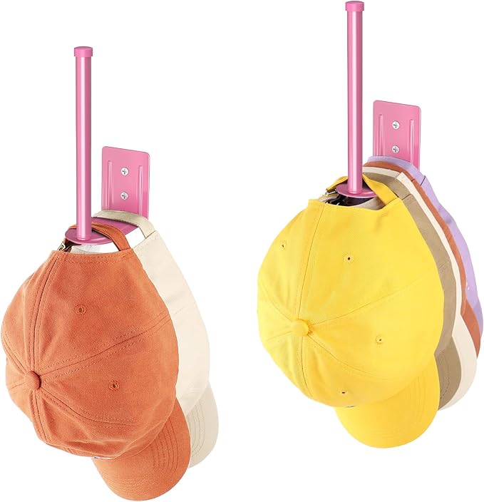Durmmur 2 Pack Hat Racks for Baseball Caps, Stainless Steel Hat Organizer for Baseball Cap, Hat Holder Storage Organizer, Hat Hanger Strong Adhesive/Wall Drilled for Door, Bedroom, Closet(Pink 6 in)