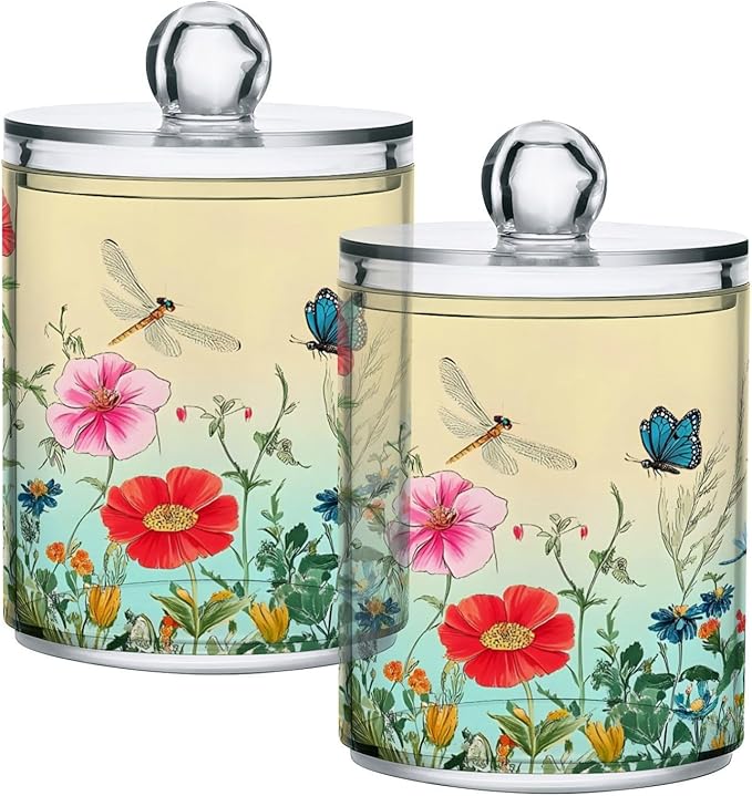 4 Pack Qtip Holder Dispenser Dragonfly Butterfly Tulip Flower Cotton Ball Swab Round Pads Floss Clear Bathroom Storage Containers Plastic Apothecary Jars with Lids