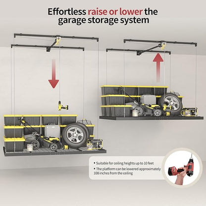 Garage Ceiling Storage Racks – 4x8 FT Overhead Garage Storage Rack with Safety Lock, Heavy-Duty Ceiling Mounted Lift System and Storage Organizer, Ideal for Maximizing Overhead Space, 325 lbs Capacity