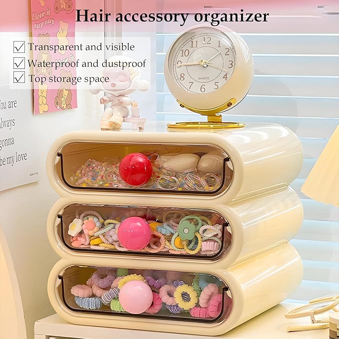 3-Tier Drawer Makeup Organizer for Vanity Small Desk - Non-Stackable Clear Front Cosmetic Storage Holder for Bathroom Counter & Office Desktop -7.9x7.5x7.3in (Cream White)