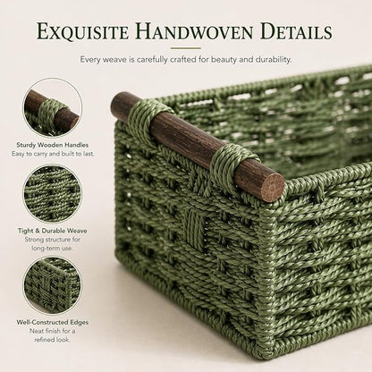 Sage Green Woven Bathroom Basket with Wood Handles — Toilet Paper Storage Organizer, Green Wicker Back of Toilet Basket, Boho Sage Green Bathroom Decor Tray for Tank Top or Shelf