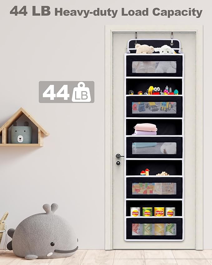 Over The Door Organizer, Reinforced Composite Fabric with Reinforced Stitching and Anti-Sag Structure, 44LB Capacity, 5 Large Pockets & 10 Mesh Pockets for Bathroom, Nursery & Laundry Room (Black)