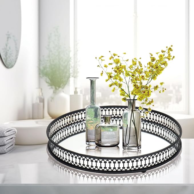 Perfume Tray, Mirror Tray, Vanity Decorative Tray with Metal for Dresser Bedroom Countertop Organizer,Mirrored Cosmetic Tray for Bathroom, Bedroom or Living Room, Black (Round)