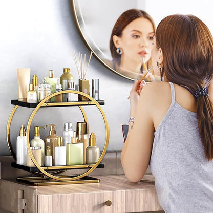 Makeup Organizer for Vanity, Black Gold Perfume Organizer for Dresser, 2-Tier Bathroom Countertop Organizers, Bathroom Counter Shelf Skincare Holder Perfume Tray Cosmetic Display