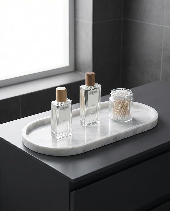 OOBOOB Oval Natural Marble Bathroom Tray for Decor Countertop, Marble Vanity Tray for Candles Perfume, Jewelry, Cosmetics, Elegant Vanity Organizer for Jewelry, Perfume