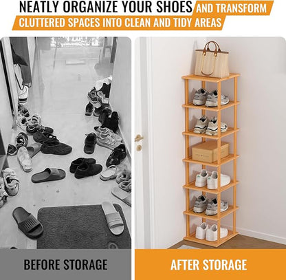 MHXW SXPN Bamboo Free Standing Shoe Rack Shelf Multi Tier Tall Wooden Stackable Shoes Rack Organizer for Closet Front Door Entrance Narrow Vertical Shoe Storage (Nature, 7 Tiers)
