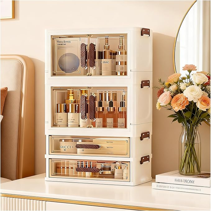 Makeup Organizer with Drawers & Compartments, Modular Stackable Cosmetic Skincare & Jewelry Storage Box, Vanity Organizer with Magnetic Closure for Bathroom, Office, Dorm
