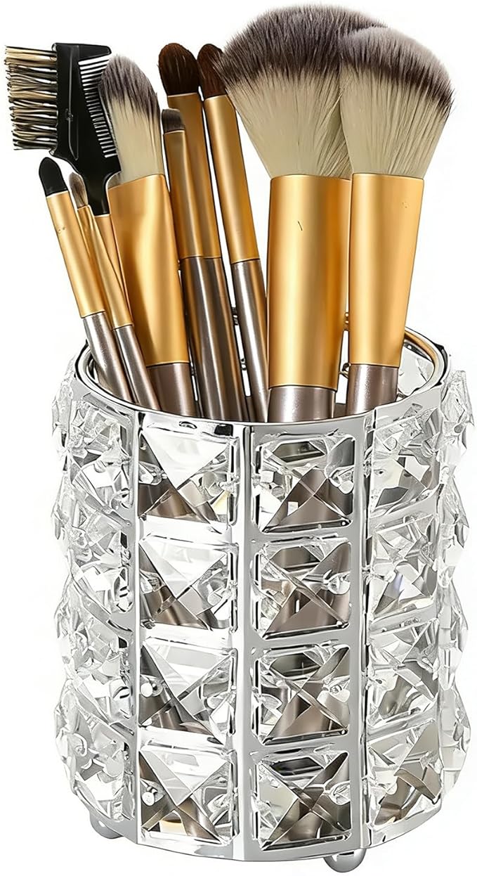 Makeup Brush Holder Organizer Crystal Bling Cosmetic Storage Box for Brushes, Combs & Pens, Candle Holder Container（Silver）