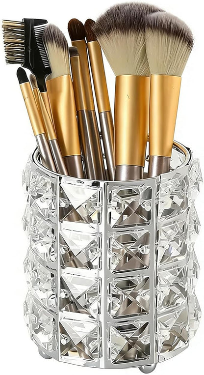 Makeup Brush Holder Organizer Crystal Bling Cosmetic Storage Box for Brushes, Combs & Pens, Candle Holder Container（Silver）