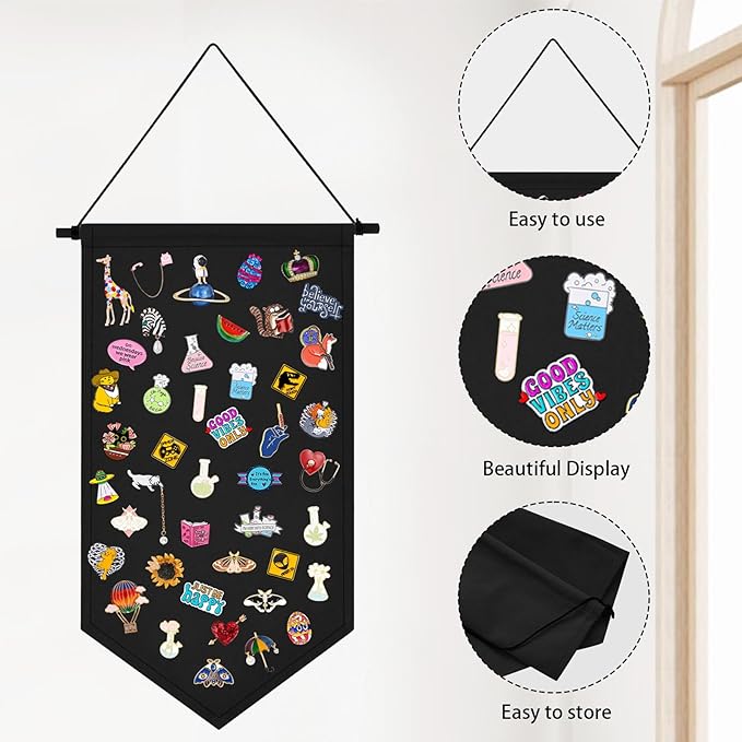 Kunyeah Wall Hanging Brooch Organizer Storage Case Colorful Canvas Pin Board Stand Enamel Pin Badge Hanging Holder Display Banner Earrings Collection Holder - Pins No Included (Black)