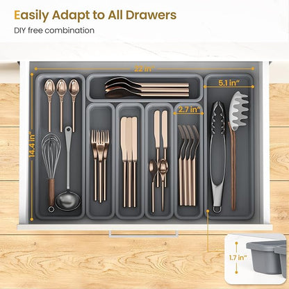 7 Pack Silicone Silverware Drawer Organizer, DIY Free Combination Kitchen Drawer Organizer, Utensil Organizer, Moisture-proof and Heat-resistant up to 200°C, Anti-slip Design (Grey)