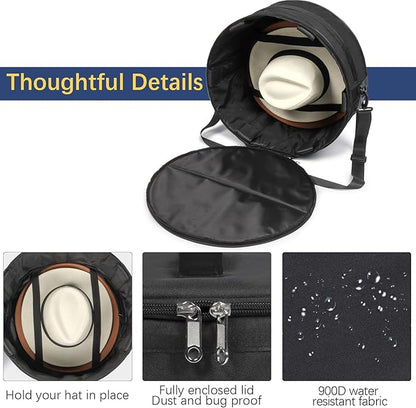 WOMACO Hat Box for Travel, Hard Shell Hat Storage Case for Cowboy Hat, Collapsible Hat Organizer Bag with Handle and Shoulder Strap (Black, Large)