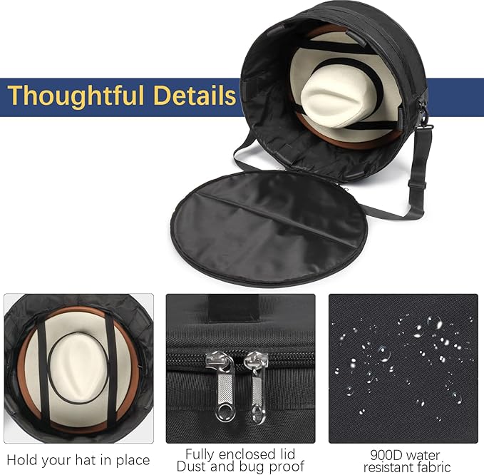 WOMACO Hat Box for Travel, Hard Shell Hat Storage Case for Cowboy Hat, Collapsible Hat Organizer Bag with Handle and Shoulder Strap (Black, Pack of 2)