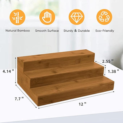Bamboo Spice Rack Organizer for Cabinet 2 Pack - 3 Tier Countertop Step Shelf, Seasoning Storage Stand for Kitchen Pantry, Spice Holder for Jars Bottles Cans (Brown)
