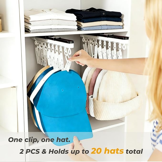 2 Pack No-Drill Wall-Mounted Baseball Hat Organizer, Hat Storage Rack Holds Up to 20 Caps, Hat Holder with 10 Damage-Free Clips & Metal Slide Rails, Modern Hat Rack for Closet, Bedroom & Entryway