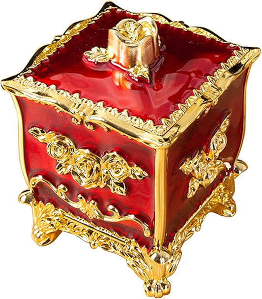 Cotton Canister Dispenser Box Cotton Swab Storage Box With Lid Makeup Table Cosmetics Containers, golden red