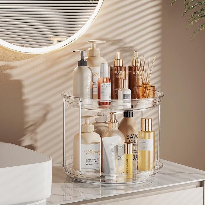 LAMU 3 Pack 2 Tier Lazy Susan Turntable Organizer 9.25'' Rotating Spice Rack Organization for Cabinet, Kitchen, Pantry, Countertop, Bathroom, Vanity, Medicine Cabinet Organizer, Clear