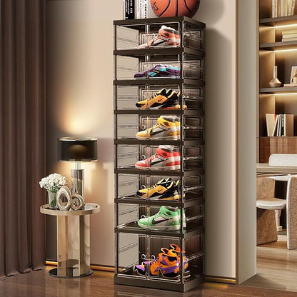 EHAMILY 8 Tiers 8-16 Pairs Foldable Shoe Boxes Small Plastic Shoe Storage Rack Collapsible Shoe Organizer for Closet Shoe Shelf Clear Stackable Quick Assembly Storage Cabinet with Doors Black