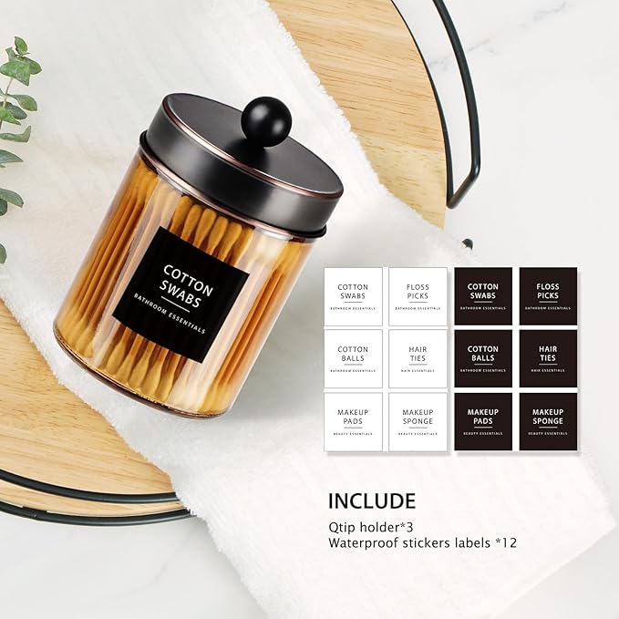 3 Pack Apothecary Jar Canisters Bathroom Vanity Organizer - Qtip Holder Storage Organizer Set Countertop Canister with Stainless Steel Lids &Cute Stickers for Qtips,Cotton Swabs,Makeup Sponges,Floss