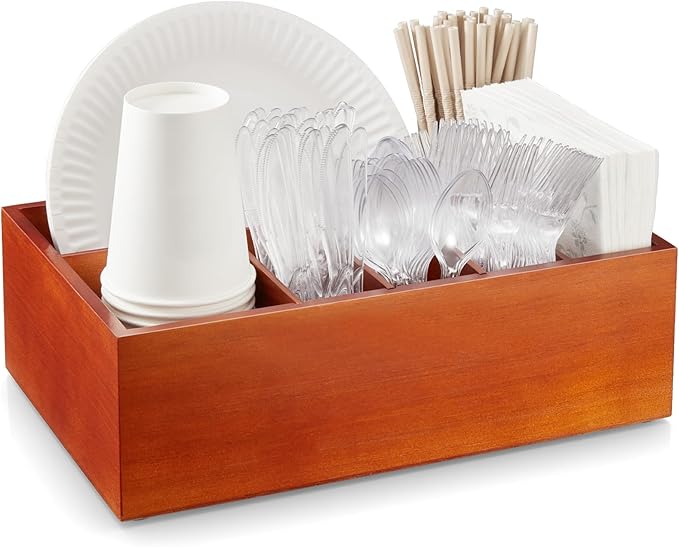 Utensil Holder for Party - Wooden Paper Plate and Utensil Caddy for Countertop - Silverware Caddy for Cup Fork Spoon Napkin - Cutlery Organizer for Kitchen Camping Buffet Picnic