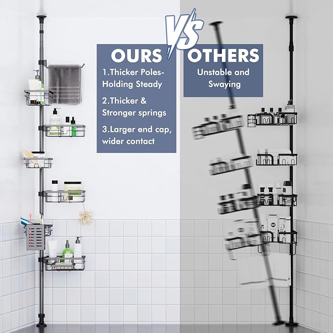 Vatex Corner Shower Caddy Tension Pole,30-120 Inch Adjustable Shower Organizer, 6-Tier Shower Shelves with Towel Rack/Toothbrush Holder/Soap Dish, Bathroom Corner Storage Rust-Resistant