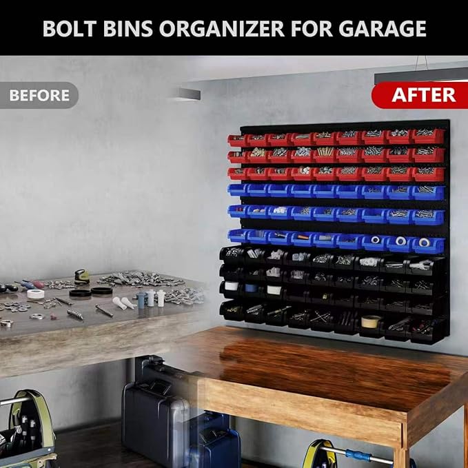 90Pcs Plastic Wall Mounted Storage Bins Parts Rack Nuts And Bolt Bins Organizer For Shop Garage for Screws, Nuts, Bolts, Nails, Beads, and Small Hardware Parts,Red,Blue,Black