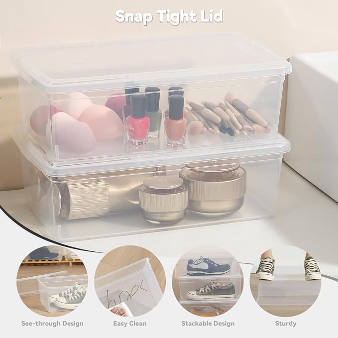 novelinks 8 Pack 6 Quart Clear Plastic Storage Bins with Lids, Stackable Shoe Boxes Plastic Storage Container, Organizer Bins for Shoes Organization (Clear)