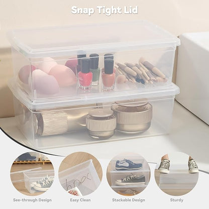 novelinks 8 Pack 6 Quart Clear Plastic Storage Bins with Lids, Stackable Shoe Boxes Plastic Storage Container, Organizer Bins for Shoes Organization (Clear)
