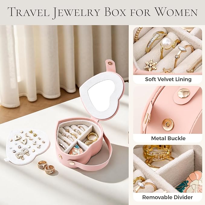 CASEGRACE Small Travel Jewelry Case, Elegant Heart Shaped Design with Detachable Handle,Portable Jewelry Organizer Box for Necklace Rings Earrings,Jewelry Storage for Women Girls (Pink)