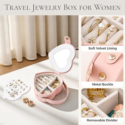 CASEGRACE Small Travel Jewelry Case, Elegant Heart Shaped Design with Detachable Handle,Portable Jewelry Organizer Box for Necklace Rings Earrings,Jewelry Storage for Women Girls (Pink)